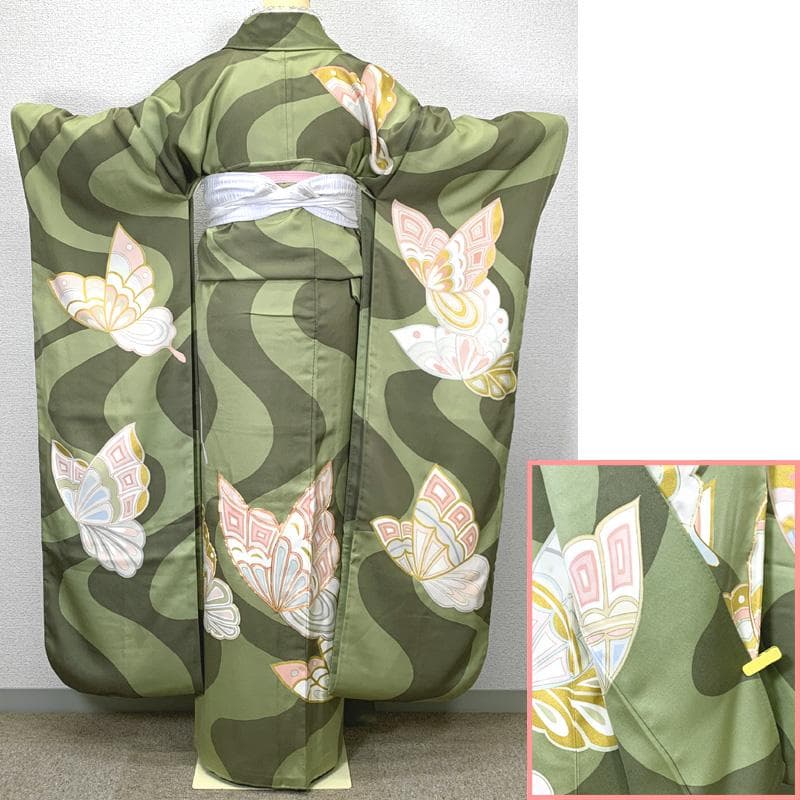 【売切値下げ】411z4〇高身長な方にも 振袖 重ね衿付き 金駒刺繍 緑〇成人式